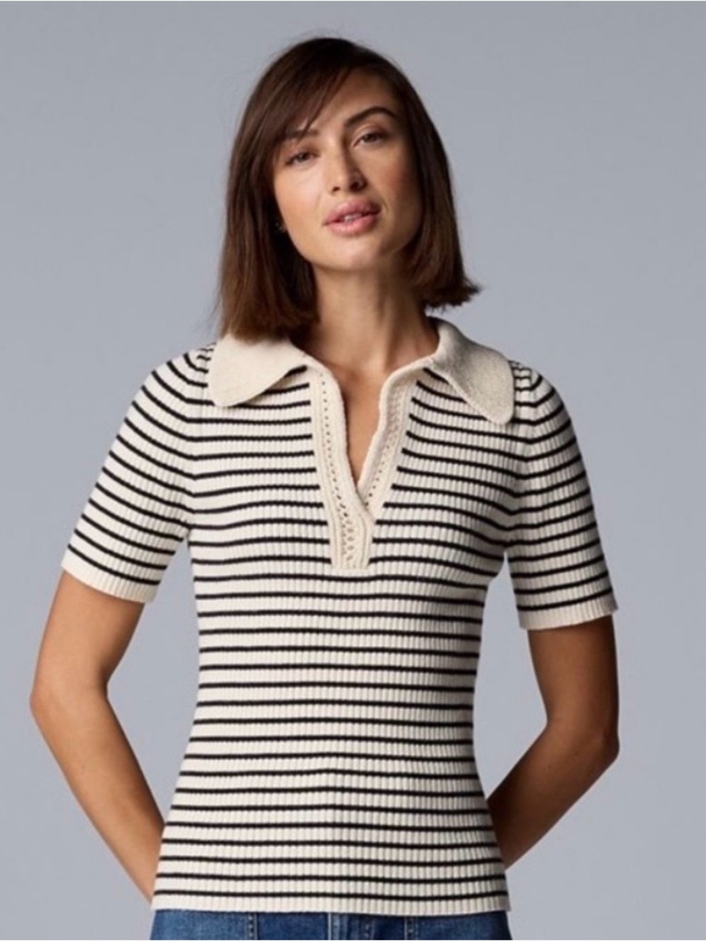 Simply Vera Vera Wang Striped Polo Top in Cream and Black